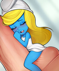 Rule 34 | 1girl, blonde hair, blue skin, blush, closed eyes, colored skin, dress, highres, long hair, loodncrood, open mouth, penis, phrygian cap, short dress, sitting, size difference, smurfette, teeth, testicles, the smurfs, white dress, white headwear