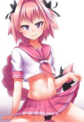 Rule 34 | 1boy, absurdres, astolfo (fate), astolfo (sailor paladin) (fate), black bow, bow, braid, bulge, fang, fate/apocrypha, fate/grand order, fate (series), highres, kirisame mia, looking at viewer, male focus, multicolored hair, official alternate costume, pink hair, purple eyes, red sailor collar, red skirt, sailor collar, school uniform, serafuku, single braid, skirt, smile, solo, streaked hair, trap