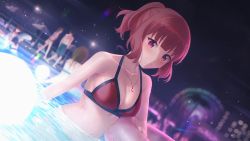Rule 34 | 1boy, 5girls, bikini, breasts, brown hair, cleavage, commentary request, dutch angle, grin, highres, innertube, koisuru asteroid, medium breasts, mikazuchi zeus, multiple girls, navel, night, outdoors, partially submerged, party, ponytail, pool, purple eyes, red bikini, sakurai mikage, sidelocks, smile, solo focus, standing, swim ring, swimsuit, upper body, water