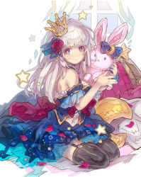 Rule 34 | 1girl, bare shoulders, black thighhighs, blue bow, blue nails, blue skirt, bow, closed mouth, commentary request, commission, crescent, crown, curtains, garter straps, grey hair, haku (sabosoda), highres, hugging object, looking at viewer, mini crown, multicolored nails, nail polish, navel, original, pleated skirt, red eyes, seiza, sitting, skeb commission, skirt, smile, solo, star (symbol), stuffed animal, stuffed rabbit, stuffed toy, thighhighs, tilted headwear, virtual youtuber, window