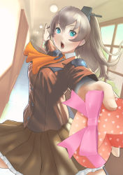Rule 34 | 10s, 1girl, blue eyes, blush, breasts, brown hair, brown shirt, brown skirt, door, dutch angle, gift, hair between eyes, hallway, heart, heart print, highres, holding, holding gift, indoors, kantai collection, kumano (kancolle), light, long hair, long sleeves, medium breasts, open mouth, outstretched arms, pleated skirt, ponytail, shirt, skirt, solo, spread arms, tonkatsu daisuki, valentine, window