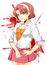 Rule 34 | 1girl, blood, blush, breasts, cleavage, collarbone, collared shirt, hairband, headband, light smile, lips, looking at viewer, medium breasts, mi (liki1020), misao, outline, pink hair, pink skirt, shadow, shiny skin, shirt, short hair, simple background, skirt, solo, white background, white outline, yellow eyes, yoshino (misao)