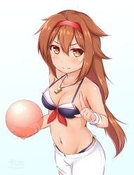 Rule 34 | 1girl, adapted costume, ball, beachball, bikini, black bikini, breasts, brown eyes, brown hair, cleavage, hair flaps, hairband, highres, index finger raised, kantai collection, medium breasts, navel, official alternate costume, one-hour drawing challenge, red hairband, shiratsuyu (kancolle), shiratsuyu kai ni (kancolle), shorts, simple background, smile, solo, swimsuit, tan, whistle, whistle around neck, white background, white shorts, zanne