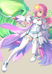 Rule 34 | 1girl, absurdres, blue wings, blush, boots, breasts, commentary request, covered navel, green eyes, grey background, hair ornament, highres, holding, holding staff, leotard, long hair, long sleeves, medium breasts, miso (b7669726), monster strike, pink hair, pointy ears, simple background, solo, staff, tagme, thigh boots, thighhighs, triforce print, white footwear, white thighhighs, wings