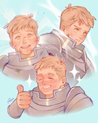 Rule 34 | 1boy, absurdres, armor, blonde hair, blush, bruise, cropped shoulders, dungeon meshi, expressions, grin, happy, highres, injury, laios touden, male focus, pan (pan p), short hair, smile, swollen, thick eyebrows, thumbs up