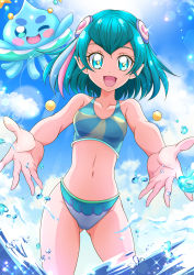 Rule 34 | 1girl, 1other, bikini, blue bikini, blue eyes, blue hair, blue sky, cloud, collarbone, commentary request, cowboy shot, day, gluteal fold, hagoromo lala, hanzou, highres, looking at viewer, navel, open mouth, outdoors, outstretched arms, pointy ears, precure, prunce (precure), short hair, sky, smile, splashing, star-shaped pupils, star (symbol), star twinkle precure, swimsuit, symbol-shaped pupils