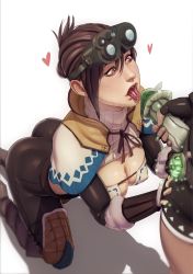 Rule 34 | 1boy, 1girl, ass, bad id, bad pixiv id, breasts, brown eyes, brown hair, cleavage, covered erect nipples, fingerless gloves, gloves, goggles, goggles on head, handler (monster hunter world), heart, heart-shaped pupils, hetero, highres, john doe (jdart), kneeling, monster hunter, monster hunter: world, monster hunter (series), mushroom, open mouth, phallic symbol, saliva, sexually suggestive, simple background, solo focus, sweat, symbol-shaped pupils, tongue, tongue out, turtleneck