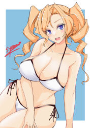 Rule 34 | 1girl, absurdres, bikini, blonde hair, blue background, blue eyes, blush, breasts, drill hair, hair ornament, highres, honolulu (kancolle), kantai collection, large breasts, long hair, looking at viewer, official alternate costume, open mouth, shamo (ptwmjgda), signature, smile, solo, swimsuit, twin drills, twintails, white background, white bikini