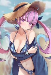 Rule 34 | 1girl, absurdres, ahoge, bare shoulders, beach, bikini, blue hair, blue jacket, blue ribbon, blunt bangs, blush, breasts, cleavage, colored inner hair, hair ribbon, hat, highres, hololive, jacket, large breasts, long hair, looking at viewer, minato aqua, multicolored hair, navel, off shoulder, open clothes, open jacket, outdoors, plaid, plaid bikini, pokeeeo o, purple eyes, purple hair, ribbon, solo, straw hat, streaked hair, swimsuit, twintails, two-tone hair, virtual youtuber