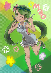 Rule 34 | 1girl, ;q, bare arms, bare legs, character name, creatures (company), dark-skinned female, dark skin, floral background, flower, game freak, green background, green eyes, green hair, hair flower, hair ornament, highres, holding, ladle, leg up, licking lips, long hair, looking at viewer, mallow (pokemon), matching hair/eyes, nintendo, one eye closed, overalls, pokemon, pokemon sm, runachikku, smile, solo, tongue, tongue out, trial captain, twintails