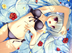 Rule 34 | 1girl, absurdres, arm up, armpits, bikini, character request, fang, fujisaki rei, highres, long hair, lying, navel, on back, original, partially submerged, red eyes, ribbon, scan, side-tie bikini bottom, silver hair, solo, swimsuit, thigh gap, thighs, twintails, water