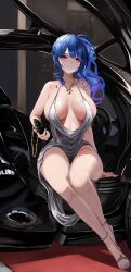 Rule 34 | 1girl, absurdres, azur lane, bare shoulders, blue hair, blue nails, breasts, car, chunchilin, dress, earrings, evening gown, full body, hair ornament, high side ponytail, highres, jewelry, large breasts, motor vehicle, necklace, parted lips, plunging neckline, purple eyes, sitting, solo, sports car, st. louis (azur lane), st. louis (luxurious wheels) (azur lane), thighs, wavy hair, women&#039;s wallet