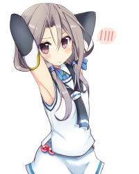 Rule 34 | 10s, 1girl, alternate hairstyle, amano kouki, armpits, arms behind head, arms up, bare shoulders, black gloves, blue ribbon, blush, brown eyes, cosplay, elbow gloves, frown, gloves, hair ribbon, highres, kantai collection, looking at viewer, low twintails, neckerchief, ribbon, sailor collar, school uniform, serafuku, silver hair, simple background, skirt, sleeveless, solo, spoken blush, suzukaze (kancolle), suzukaze (kancolle) (cosplay), twintails, white background, white skirt, zuihou (kancolle)