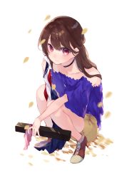 Rule 34 | 1girl, absurdres, blue shirt, brown eyes, brown hair, brown shorts, choker, collarbone, earrings, high heels, highres, holding, jewelry, long hair, looking at viewer, matching hair/eyes, miwano rag, original, shirt, shorts, simple background, solo, squatting, white background