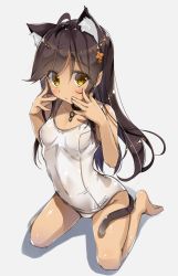 Rule 34 | 1girl, ahoge, animal ears, bare shoulders, barefoot, blush, cat ears, cat tail, choker, clothes writing, collarbone, hair ornament, highres, long hair, looking at viewer, old school swimsuit, one-piece swimsuit, original, school swimsuit, shiny skin, simple background, sitting, sketch, solo, swimsuit, tail, wariza, white background, white one-piece swimsuit, yanagi yuu, yellow eyes