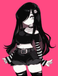 Rule 34 | 1girl, aria wintermint, asymmetrical breasts, belt, black hair, blush, breasts, choker, closed mouth, collarbone, contrapposto, cowboy shot, crop top, goth fashion, hair ornament, hair over one eye, high-waist shorts, large breasts, long hair, navel, parororo, pink background, short shorts, shorts, single bare shoulder, skindentation, solo, stomach, striped sleeves, the crawling city, thighhighs, torn clothes, torn thighhighs, two-tone sleeves