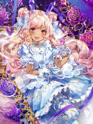 Rule 34 | 1girl, blue dress, copyright request, crystal, cup, dark-skinned female, dark skin, dress, flower, frilled dress, frills, gloves, heart, heart necklace, hieihirai, highres, holding, holding cup, jewelry, looking at viewer, necklace, picture frame, pink eyes, pink hair, ribbon, rose, smile