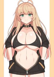 Rule 34 | 1girl, antenna hair, azur lane, bikini, black bikini, black gloves, blonde hair, breasts, cleavage, collarbone, commission, covered erect nipples, cowboy shot, gloves, green eyes, hands in pockets, highres, hood, hoodie, large breasts, long hair, looking at viewer, midriff, navel, open clothes, open hoodie, partially unzipped, simple background, skeb commission, smile, solo, stomach, swimsuit, toyo (c8), wasp (azur lane), zipper