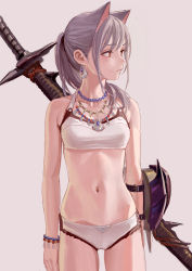 Rule 34 | 1girl, animal ears, artist name, bandeau, bare arms, bare shoulders, bead necklace, beads, bikini, breasts, cat ears, collarbone, commentary, cowboy shot, earrings, extra ears, feiqizi (fkey), fkey, grey background, halterneck, highres, jewelry, long hair, monster hunter, monster hunter: world, monster hunter (series), navel, necklace, original, ponytail, red eyes, scabbard, sheath, sheathed, shell, shell earrings, sidelocks, silver hair, simple background, small breasts, solo, standing, stomach, swimsuit, sword, thighs, weapon, weapon on back, white bikini