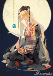 Rule 34 | 1girl, artist name, bird print, black dress, blonde hair, chain, chinese clothes, dress, earth (ornament), from side, full moon, hat, junko (touhou), long hair, long sleeves, moon, profile, pudding (8008208820), red eyes, sitting, solo, tabard, touhou, very long hair, watermark, web address, wide sleeves