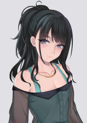 Rule 34 | 1girl, absurdres, bad id, bad pixiv id, bare shoulders, black hair, blush, breasts, cleavage, closed mouth, collarbone, grey background, head tilt, highres, idolmaster, idolmaster shiny colors, jewelry, kazano hiori, long hair, looking at viewer, mole, mole under mouth, necklace, off-shoulder shirt, off shoulder, ponytail, purple eyes, see-through, shirt, simple background, small breasts, smile, solo, upper body, xixing si yao meng