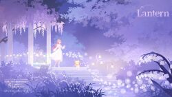 Rule 34 | 1girl, anniversary, bare legs, bug, cat, cherry blossoms, commentary, dated, dress, english commentary, english text, firefly, flower, grass, holding, infinity nikki, insect, long hair, miracle nikki, momo (miracle nikki), night, nikki (miracle nikki), official art, open mouth, outdoors, pillar, pink hair, ribbon, shining nikki, stairs, tree, white cat, white dress, yellow cloak
