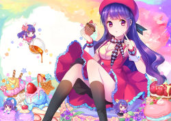 Rule 34 | 1girl, :o, animal ears, bad id, bad pixiv id, beret, black thighhighs, blunt bangs, bow, cake, candy, cat ears, checkered clothes, checkered scarf, chibi, cream, cupcake, dress, dual persona, eating, flying, food, food on face, frills, fruit, hair bow, hair ornament, hairclip, hat, holding, holding food, honey, ice cream, index finger raised, long hair, long sleeves, macaron, purple eyes, purple hair, rabbit ears, ribbon, scarf, short sleeves, sitting, sleeves past wrists, smile, solo focus, standing, star (symbol), stella chen yui, strawberry, striped, striped bow, sweets, tail, thighhighs, two side up, very long hair, vocaloid, wafer stick, white thighhighs, wrist cuffs, xin hua, zettai ryouiki