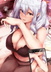 Rule 34 | 1girl, black bra, black panties, black pantyhose, blue eyes, bra, breasts, cellphone, cleavage, commentary request, cowboy shot, highres, kantai collection, kashima (kancolle), large breasts, looking at viewer, osterei, panties, pantyhose, phone, fake phone screenshot, sitting, smartphone, solo, twintails, underwear, wavy hair, white hair