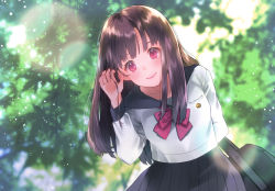 Rule 34 | 1girl, arm behind back, bag, black skirt, blunt bangs, blurry, blurry background, blush, bow, bowtie, brown hair, cowboy shot, day, from below, green theme, tucking hair, hand up, leaning forward, light particles, long hair, long sleeves, looking at viewer, nature, nozomi ogino, original, pink bow, pink bowtie, pink eyes, plant, pleated skirt, school bag, school uniform, serafuku, skirt, smile, solo