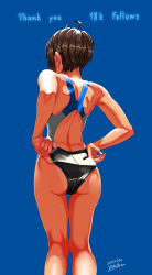 Rule 34 | 1girl, adjusting clothes, adjusting swimsuit, ahoge, artist name, ass, back cutout, black hair, black one-piece swimsuit, blue background, clothing cutout, competition swimsuit, dated, english text, facing away, from behind, highres, kilesha, milestone celebration, multicolored one-piece swimsuit, one-piece swimsuit, original, short hair, signature, simple background, solo, standing, swimsuit, tan, tanline, thigh gap, wet
