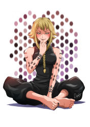 Rule 34 | 00s, 1girl, absurdres, barefoot, blonde hair, blush, bracelet, braid, capri pants, feet, finger to mouth, highres, indian style, jewelry, long hair, looking at viewer, magion02, medusa gorgon, nail polish, pants, sitting, soles, soul eater, tattoo, toenail polish, toenails, toes, yellow eyes