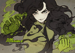 Rule 34 | 1girl, artist name, black hair, character name, copyright name, fire, floating hair, glint, green eyes, green fire, hands up, kawacy, kim possible (series), long hair, looking at viewer, pale skin, parted lips, shego, smile, solo, upper body, watermark, web address