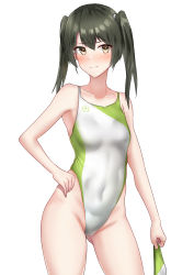 Rule 34 | 1girl, absurdres, armpits, breasts, covered erect nipples, gluteal fold, green eyes, green hair, hair between eyes, hair ribbon, hand on own hip, highleg, highres, kantai collection, multicolored clothes, multicolored swimsuit, navel, one-piece swimsuit, ribbon, silver one-piece swimsuit, simple background, sing152, small breasts, split mouth, swimsuit, thighs, tight clothes, twintails, white background, white one-piece swimsuit, yellow eyes, zuikaku (kancolle)
