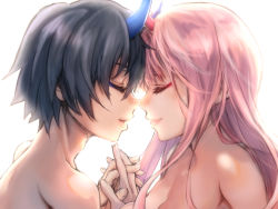 Rule 34 | 10s, 1boy, 1girl, black hair, blue horns, breasts, closed eyes, clothed female nude male, commentary request, couple, darling in the franxx, face-to-face, facing another, forehead-to-forehead, heads together, herozu (xxhrd), hetero, hiro (darling in the franxx), holding hands, horns, interlocked fingers, long hair, looking at another, medium breasts, nude, oni horns, pink hair, red horns, short hair, spoilers, zero two (darling in the franxx)