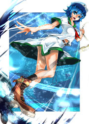 Rule 34 | 1girl, blue eyes, blue hair, boots, breasts, bubble, chain, hat, highres, matching hair/eyes, murasa minamitsu, open mouth, sailor, sailor hat, shipwreck, skirt, smile, solo, touhou, umigarasu (kitsune1963), underwater, wet, wet clothes