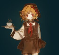 Rule 34 | 1girl, ascot, black vest, blonde hair, cup, hair ribbon, highres, holding, holding cup, red ascot, red eyes, ribbon, rumia, short hair, skirt, skirt set, solo, touhou, vest, zhixie jiaobu