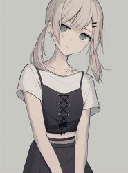 Rule 34 | 1girl, absurdres, bad id, bad pixiv id, black camisole, black skirt, brown hair, camisole, collarbone, commentary, ear piercing, earrings, eyebrows hidden by hair, grey background, grey eyes, hair ornament, hairclip, head tilt, highres, jewelry, looking at viewer, multicolored hair, original, piercing, purple hair, shirt, short sleeves, skirt, solo, streaked hair, stud earrings, sunlight, symbol-only commentary, tsuruse, twintails, white shirt