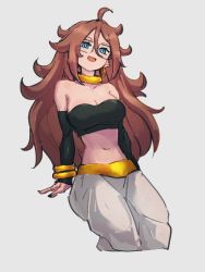 Rule 34 | 1girl, ahoge, android 21, black sleeves, blue eyes, bracelet, breasts, brown hair, choker, cleavage, detached sleeves, dragon ball, dragon ball fighterz, glasses, grey background, hair between eyes, jewelry, kemachiku, long hair, looking at viewer, majin android 21, medium breasts, midriff, navel, open mouth, simple background, sitting, smile, solo, yellow choker