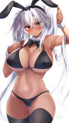 Rule 34 | 1girl, absurdres, alternate costume, animal ears, bikini, black bikini, black bow, black bowtie, black nails, black thighhighs, blush, bow, bowtie, breasts, brown eyes, closed mouth, commentary request, crossed bangs, dated, detached collar, fake animal ears, frown, grey hair, groin, hair between eyes, hand on own chest, hands up, highres, huge breasts, jewelry, kantai collection, large breasts, long hair, looking at viewer, mashiro yukiya, musashi (kancolle), musashi kai ni (kancolle), navel, rabbit ears, ring, semi-rimless eyewear, signature, solo, swimsuit, thigh gap, thighhighs, thighs, traditional bowtie, twintails, two side up, very long hair, wedding ring, white background, white wrist cuffs