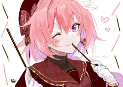 Rule 34 | 1boy, alternate costume, astolfo (fate), black bow, black sweater, blush, bow, bow earrings, braid, closed mouth, dated, dress, earrings, fang, fate/apocrypha, fate/grand order, fate (series), food, food-themed earrings, gloves, hair between eyes, hair bow, hair intakes, hands up, heart, hippogriff, holding, holding food, holding pocky, jewelry, long braid, long hair, male focus, matori (penguin batake), multicolored hair, one eye closed, pink hair, plaid collar, pocky, pocky earrings, portrait, purple eyes, red bow, red dress, red headwear, signature, simple background, single braid, skin fang, solo, strawberry pocky, streaked hair, sweater, trap, twitter username, two-tone hair, white background, white gloves, white hair
