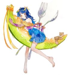 Rule 34 | 1girl, bare legs, bare shoulders, barefoot, blue hair, blue skirt, bow, closed mouth, dress, fishnets, food, fork, frills, fruit, full body, highres, horns, long hair, looking at viewer, melon, off shoulder, original, oversized food, oversized object, painting (medium), ribbon, shirt, simple background, sitting, skirt, solo, spoon, srnmomo, stuffed animal, stuffed toy, teddy bear, traditional media, watercolor (medium), white background