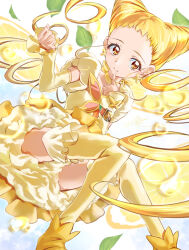Rule 34 | 1girl, artist name, blonde hair, boots, brooch, choker, clear glass (mildmild1311), commentary request, cure lemonade, dress, drill hair, earrings, eyelashes, food, fruit, happy, highres, jewelry, kasugano urara (yes! precure 5), lemon, lemon slice, long hair, looking at viewer, magical girl, precure, puffy short sleeves, puffy sleeves, short sleeves, signature, smile, solo, thighhighs, thighs, twin drills, twintails, twitter username, yellow choker, yellow dress, yellow eyes, yellow footwear, yellow theme, yellow thighhighs, yes! precure 5