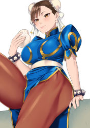 Rule 34 | 1girl, bracelet, breasts, brown hair, bun cover, capcom, chewing, chinese clothes, chun-li, double bun, dress, earrings, eating, fingernails, food, food in mouth, hair bun, highres, jewelry, large breasts, looking at viewer, pantyhose, pelvic curtain, simple background, solo, spiked bracelet, spikes, street fighter, thick thighs, thighs, white background, zonda (solid air)