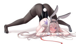 Rule 34 | 1girl, ;), animal ears, arm support, ass, bare shoulders, black footwear, black hairband, black leotard, black pantyhose, blue eyes, blush, braid, breasts, cang se ye hua, closed mouth, commentary request, fake animal ears, fake tail, full body, hairband, hanging breasts, high heels, highleg, highleg leotard, highres, jack-o&#039; challenge, large breasts, leotard, lexington (warship girls r), long hair, one eye closed, pantyhose, playboy bunny, rabbit ears, rabbit tail, resolution mismatch, revision, sideboob, silver hair, simple background, smile, solo, source smaller, spread legs, tail, thigh strap, top-down bottom-up, very long hair, warship girls r, white background, wrist cuffs