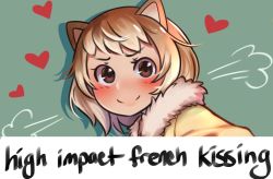 Rule 34 | 1girl, puff of air, animal ears, black-tailed prairie dog (kemono friends), blonde hair, blush, brown eyes, brown hair, close-up, english text, fur collar, green background, heart, kemono friends, lilredronin, looking at viewer, meme, multicolored hair, portrait, short hair, simple background, smile, solo, two-tone hair