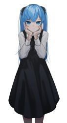 Rule 34 | 1girl, black dress, black scrunchie, blue eyes, blue hair, commentary request, dress, hair between eyes, hair ornament, hair scrunchie, hands on own face, hatsune miku, highres, long hair, long sleeves, looking at viewer, neck ribbon, osanzi, ribbon, scrunchie, shirt, simple background, sleeveless, sleeveless dress, smile, solo, twintails, very long hair, vocaloid, white background, white shirt