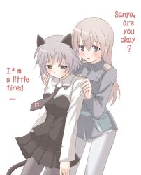 Rule 34 | 00s, animal ears, cat ears, eila ilmatar juutilainen, hard-translated, necktie, pantyhose, sanya v. litvyak, silver hair, sleepy, strike witches, third-party edit, translated, world witches series