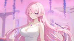 1girl absurdres alternate_costume armpit_crease bare_shoulders breasts chinese_commentary closed_mouth collarbone commentary_request dated diamond-shaped_pupils diamond_(shape) dress earrings elysia_(herrscher_of_human:_ego)_(honkai_impact) elysia_(honkai_impact) hair_between_eyes highres honkai_(series) honkai_impact_3rd jewelry large_breasts long_hair looking_at_viewer necklace one_eye_closed pink_hair pointy_ears purple_ears shi_ying smile solo symbol-shaped_pupils very_long_hair white_dress