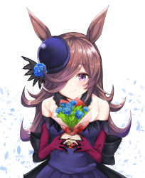 Rule 34 | 1girl, absurdres, animal ears, bare shoulders, black hat, blue dress, blue flower, blue rose, bouquet, breasts, brown hair, closed mouth, commentary, dress, flower, hair over one eye, hat, hat flower, highres, holding, holding bouquet, horse ears, long hair, long sleeves, off-shoulder dress, off shoulder, petals, purple eyes, rice shower (umamusume), rose, setu (shining12), sleeves past wrists, small breasts, smile, solo, tilted headwear, umamusume, very long hair, white background
