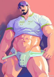 Rule 34 | 1boy, abs, bara, baseball cap, beard, clothes lift, come hither, facial hair, feet out of frame, groin, hat, head tilt, highres, jockstrap, large pectorals, looking at viewer, male focus, male underwear, male underwear pull, mature male, midriff, muscular, muscular male, mustache, navel, original, pectorals, pulled by self, purple hat, rouyuan shiqi (ro seventeen), shirt lift, short hair, solo, standing, stomach, strongman waist, thick eyebrows, thick mustache, thick thighs, thighs, underwear, v-neck, white male underwear